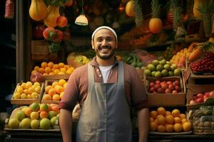 portrait de une souriant homme vente des fruits dans une fruit magasin. ai généré pro photo