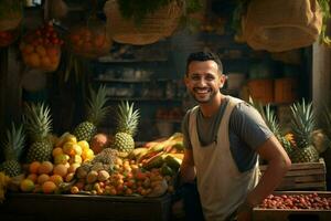 portrait de une souriant homme vente des fruits dans une fruit magasin. ai généré pro photo