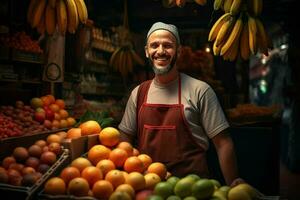 portrait de une souriant homme vente des fruits dans une fruit magasin. ai généré pro photo