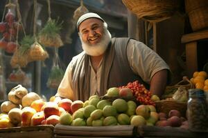 portrait de une souriant homme vente des fruits dans une fruit magasin. ai généré pro photo