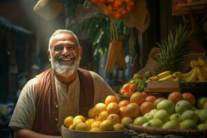 portrait de une souriant homme vente des fruits dans une fruit magasin. ai généré pro photo