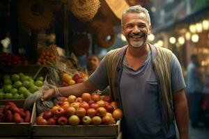 portrait de une souriant homme vente des fruits dans une fruit magasin. ai généré pro photo