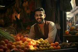 portrait de une souriant homme vente des fruits dans une fruit magasin. ai généré pro photo