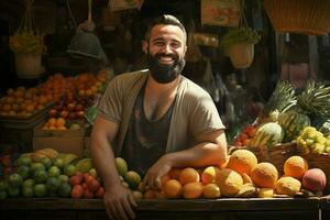 portrait de une souriant homme vente des fruits dans une fruit magasin. ai généré pro photo