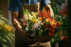 fleuriste en portant panier avec magnifique bouquet de printemps fleurs dans jardin. ai généré pro photo