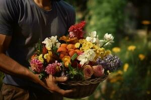 fleuriste en portant panier avec magnifique bouquet de printemps fleurs dans jardin. ai généré pro photo