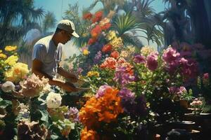 Masculin fleuriste travail dans fleur magasin. fleur magasin concept. ai généré pro photo