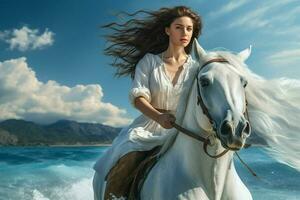 magnifique fille dans une blanc robe équitation une cheval sur le plage. ai généré pro photo