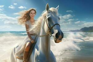 magnifique fille dans une blanc robe équitation une cheval sur le plage. ai généré pro photo