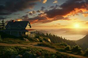 magnifique maison dans le montagnes à lever du soleil. vue de le Haut de le Montagne. ai généré pro photo
