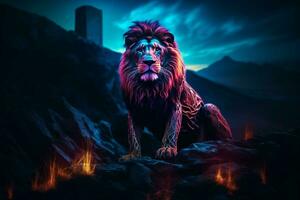Lion sur le rock. fantaisie Contexte. 3d illustration. ai généré pro photo
