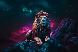 Lion sur le rock. fantaisie Contexte. 3d illustration. ai généré pro photo