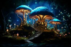 fantaisie paysage avec la magie Château et champignons. 3d illustration. ai généré pro photo