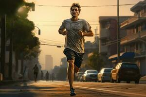 fonctionnement homme le jogging sur ville rue à lever du soleil. sport aptitude modèle caucasien l'ethnie formation Extérieur. ai généré pro photo