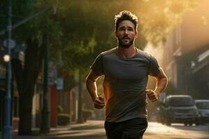 fonctionnement homme le jogging sur ville rue à lever du soleil. sport aptitude modèle caucasien l'ethnie formation Extérieur. ai généré pro photo