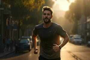 fonctionnement homme le jogging sur ville rue à lever du soleil. sport aptitude modèle caucasien l'ethnie formation Extérieur. ai généré pro photo