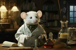 mignonne blanc rat dans une laboratoire manteau sur une foncé Contexte. ai généré pro photo