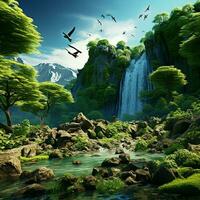 fantaisie paysage avec une cascade et une oiseau en volant dans le ciel. ai généré photo