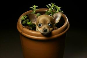 mignonne chiot dans une argile pot avec salade sur une noir Contexte. ai généré pro photo