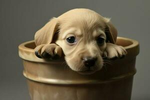 mignonne chiot dans une argile pot avec salade sur une noir Contexte. ai généré pro photo