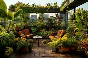 jardin avec meubles et fleurs dans le ville de Bangkok. ai généré pro photo