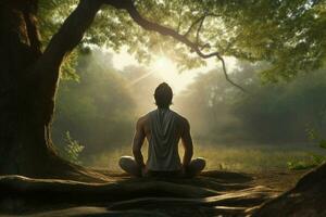 femme pratiquant yoga dans le forêt à lever du soleil. en bonne santé mode de vie concept. ai généré pro photo