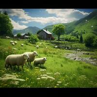 troupeau de mouton pâturage dans le Prairie dans le village. ai généré pro photo