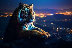 portrait de tigre sur le Roche à nuit avec bleu lumière. ai généré pro photo