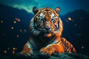 portrait de tigre sur le Roche à nuit avec bleu lumière. ai généré pro photo