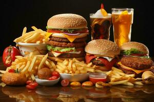 vite nourriture restaurant menu. hamburgers, français frites, Salade De Chou, poulet pépites et salades sur en bois tableau. ai généré pro photo