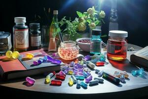 pharmaceutique médicament pilules et capsules sur en bois table dans foncé chambre. ai généré pro photo