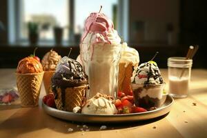 variété de coloré la glace crème dans gaufre cônes, fermer. ai généré pro photo