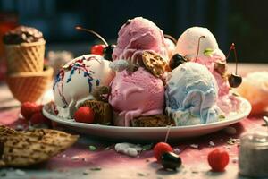 variété de coloré la glace crème dans gaufre cônes, fermer. ai généré pro photo