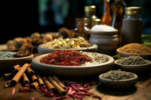 épices et herbes sur le table dans composition avec cuisine accessoires. ai généré pro photo