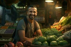 portrait de une souriant homme vente des légumes à une épicerie magasin. ai généré pro photo