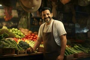 portrait de une souriant homme vente des légumes à une épicerie magasin. ai généré pro photo