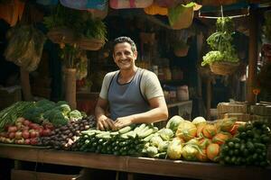 portrait de une souriant homme vente des légumes à une épicerie magasin. ai généré pro photo