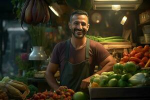 portrait de une souriant homme vente des légumes à une épicerie magasin. ai généré pro photo