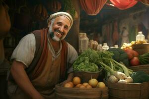 portrait de une souriant homme vente des légumes à une épicerie magasin. ai généré pro photo