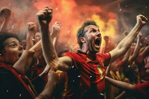 excité Belgique Football Ventilateurs applaudissement pour leur équipe pendant une Jeu à stade. ai généré pro photo