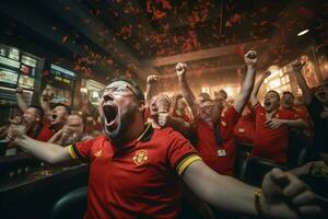 excité Belgique Football Ventilateurs applaudissement pour leur équipe pendant une Jeu à stade. ai généré pro photo