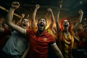 excité Belgique Football Ventilateurs applaudissement pour leur équipe pendant une Jeu à stade. ai généré pro photo