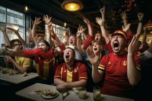 excité Belgique Football Ventilateurs applaudissement pour leur équipe pendant une Jeu à stade. ai généré pro photo