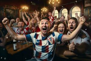 excité Croatie Football Ventilateurs applaudissement pour leur équipe pendant une Jeu à stade. ai généré pro photo