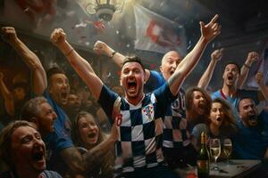 excité Croatie Football Ventilateurs applaudissement pour leur équipe pendant une Jeu à stade. ai généré pro photo