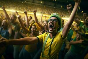 excité Brésil Football Ventilateurs applaudissement pour leur équipe pendant une Jeu à stade. ai généré pro photo