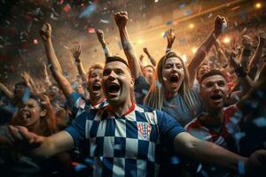 excité Croatie Football Ventilateurs applaudissement pour leur équipe pendant une Jeu à stade. ai généré pro photo