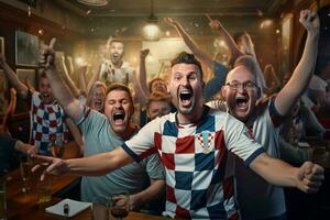 excité Croatie Football Ventilateurs applaudissement pour leur équipe pendant une Jeu à stade. ai généré pro photo