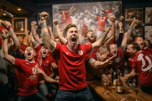 excité Angleterre Football Ventilateurs applaudissement pour leur équipe pendant une Jeu à stade. ai généré pro photo