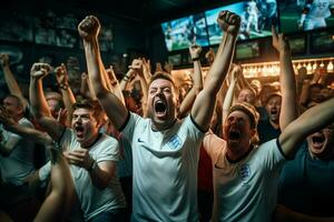 excité Angleterre Football Ventilateurs applaudissement pour leur équipe pendant une Jeu à stade. ai généré pro photo